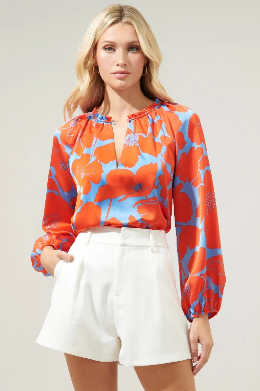 Poppy Floral Jovie Split Neck Satin Raglan Blouse