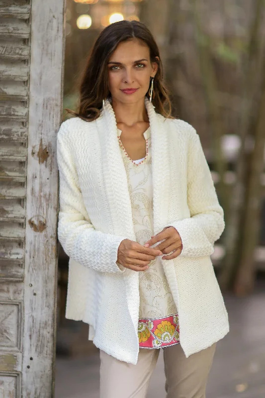 Zigzag Knit in Ivory Knit Cotton Cardigan in Ivory from Thailand