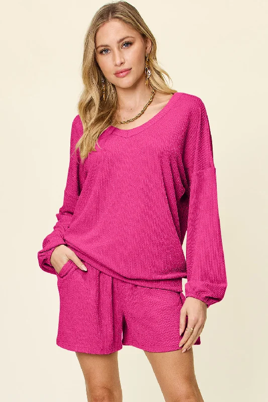 Double Take Full Size Texture V-Neck Long Sleeve T-Shirt and Shorts Set