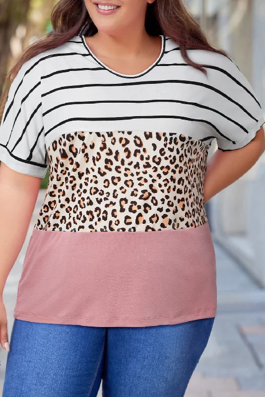 Plus Size Striped Leopard Round Neck Half Sleeve T-Shirt